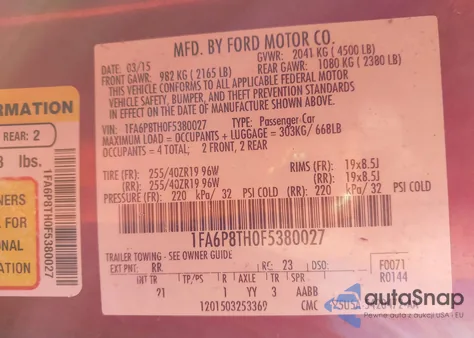 2015 Ford Mustang Ecoboost z USA, uszkodzony, nr VIN 1FA6P8TH0F5380027